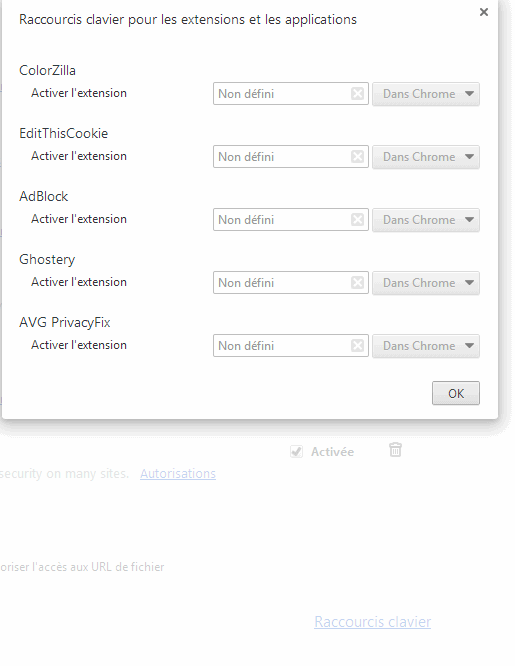 Chrome - Gérer les raccourcis clavier pour extension