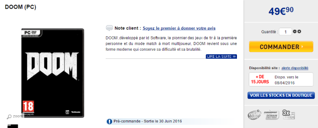 Doom daté au 8 mai 2016 sur LDLC